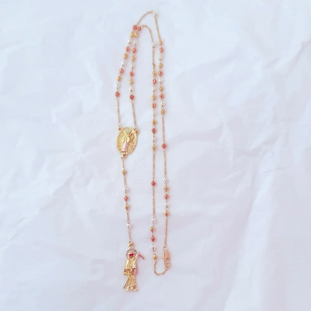 New, Rosary, tricolor Laminated Gold‎ with image of the holy death. unisex